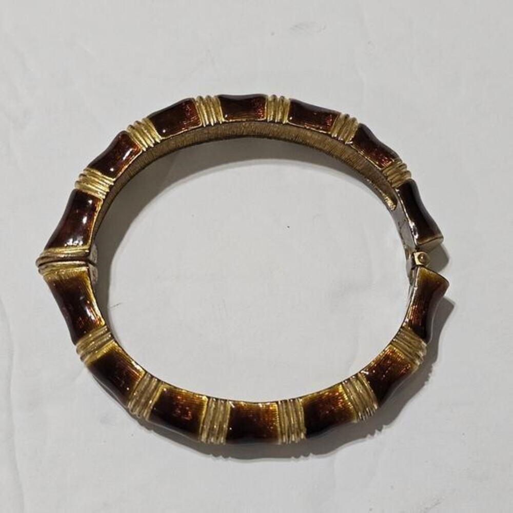 Kenneth Jay Lane‎ Gold Plated Enamel Bamboo Hinged Bangle Bracelet
